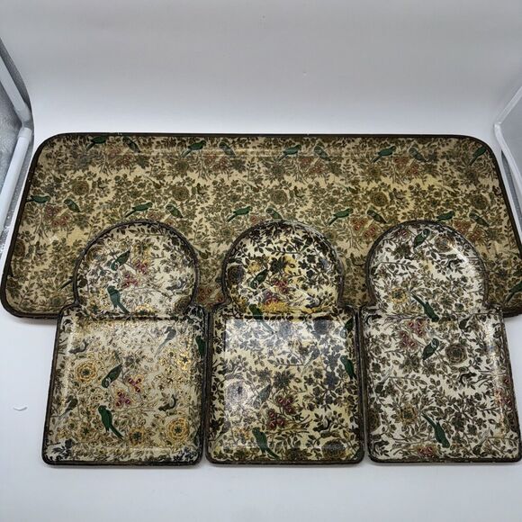 4 Vintage Knobler Plates Serving Tray Set Parisian Parrot Asian Hummingbird Chic - Picture 10 of 10